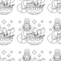 Easter pattern with a plate with eggs and a cat with rabbit ears, and flowers tulips