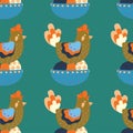 Easter pattern with a plate with eggs and a chicken sitting on eggs