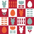 Easter pattern with rabbits, eggs and tulip flowers in geometric style. Perfect print for poster, card, banner, tablecloth. Great