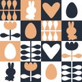 Easter pattern with rabbits, eggs and tulip flowers. Print for tablecloth, textile and fabric. Perfect surface design