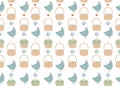 Easter pattern. Vector seamless texture with chikens, hearts, wicker basket and easter cakes. Childish seamless pattern Royalty Free Stock Photo