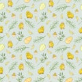 Easter pattern. Watercolor seamless pattern with little chickens and green twigs, with Easter eggs and feathers.