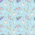 Easter pattern. Watercolor seamless pattern with rabbits, eggs, crocus flowers and a willow branch. Apple and periwinkle flowers