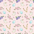 Easter pattern. Watercolor seamless pattern with rabbits, eggs, crocus flowers and a willow branch. Apple and periwinkle