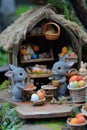 Cute rabbits in a rustic hut filled with baskets of colorful eggs, a charming setting in a natural forest background Royalty Free Stock Photo