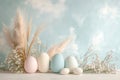 Easter photographic background with pastel eggs and spring flowers Royalty Free Stock Photo
