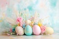 Easter photographic background with pastel eggs and spring flowers Royalty Free Stock Photo