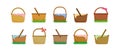 Easter picnic basket, simple wooden bag in grass, straw hamper with bow. Cartoon illustration