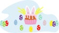 Easter pink cake with rabbit ears with eggs and icing on a blue background Royalty Free Stock Photo
