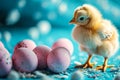 Easter. pink easter eggs and cute yellow chicks on a blue background. Royalty Free Stock Photo