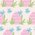 Easter pink egg and blue bees, seamless pattern