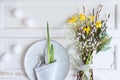 Easter place setting on white vintage background Royalty Free Stock Photo