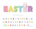 Easter plaid font. Colorful textile alphabet. Cute cartoon letters and numbers. Vector