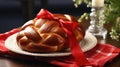 Easter plaited bread with a red bow on the table, easter celebration concept