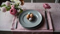 Easter. A plate with colorful eggs in a nest. set table Royalty Free Stock Photo