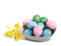 Easter plate with Easter eggs on wnite background Royalty Free Stock Photo