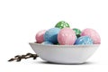 Easter plate with Easter eggs on wnite background Royalty Free Stock Photo