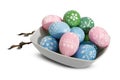 Easter plate with Easter eggs on wnite background Royalty Free Stock Photo