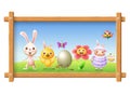 Easter portrait photo frame - bunny, chicken, flower, sheep bee-eater bird and butterfly celebrate Easter around egg - spring land Royalty Free Stock Photo