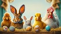 Easter Portrait: Rabbit, Lamb, Baby Chick, and Hen with a Colorful Painted Easter Eggs