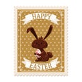 Easter postal stamp, chocolate bunny, retro graphic. Vintage vector