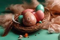 Easter postcard with decorative colorful eggs in nest on pastel color background