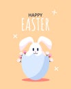 Easter postcard with Easter bunny sitting in egg with flowers. Postcard on orange background. Royalty Free Stock Photo