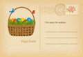 Easter postcard in vintage style with easter basket with easters eggs and grass. Happy easter celebration greetings card