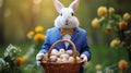 Easter postcard with a white rabbit in a blue jacket near a wicker basket with vegetables and spring sweets