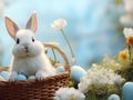 Easter postcard with a white rabbit in a blue jacket near a wicker basket with vegetables and spring sweets