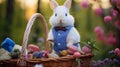 Easter postcard with a white rabbit in a blue jacket near a wicker basket with vegetables and spring sweets