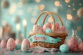 Easter poster and banner with Easter eggs in wicker basket in pastel colors with text happy Easter