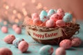 Easter poster and banner with Easter eggs in wicker basket in pastel colors with text happy Easter