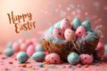 Easter poster and banner with Easter eggs in wicker basket in pastel colors with text happy Easter