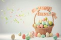 Easter poster and banner with Easter eggs in wicker basket in pastel colors with text happy Easter