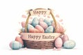 Easter poster and banner with Easter eggs in wicker basket in pastel colors with text happy Easter