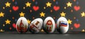 Easter poster and banner, Happy Easter Russia. Eggs with various national drawings. Matryoshka, balalaika, flag Russia. 3D work