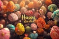Easter poster and banner with painted Easter eggs with text happy Easter