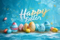 Easter poster and banner with painted Easter eggs with text happy Easter