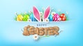 Easter poster and banner template with Easter eggs and Cute bunny and letters Biscuit on light green background.Greetings and