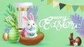 Easter poster and banner template with Easter eggs in the nest on background.Greetings and presents for Easter Day in flat lay