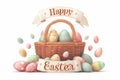 Easter poster and banner with Easter eggs in wicker basket in pastel colors with text happy Easter