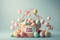 Easter poster and banner with Easter eggs in wicker basket in pastel colors with text happy Easter