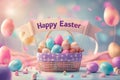 Easter poster and banner with Easter eggs in wicker basket in pastel colors with text happy Easter