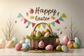 Easter poster and banner with Easter eggs in wicker basket in pastel colors with text happy Easter