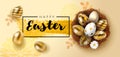 Easter poster or banner template with golden Easter eggs in the nest in light beige background. Greetings for Easter Day Royalty Free Stock Photo