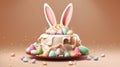 Easter poster and banner template with rabbit cake on light background, Greetings for Easter Day. Generative AI