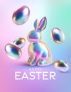 Easter poster and banner template with Rabbit and Easter eggs in colorful gradient metallic holographic style. Greetings and Royalty Free Stock Photo