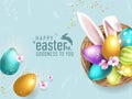 Easter poster and banner template with Easter realistic eggs in a basket , rabbit ears, flowers on a blue background.Greetings and