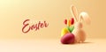 Easter poster with 3d render illustration of coloured eggs, easter bunny and tulips flower on orange background